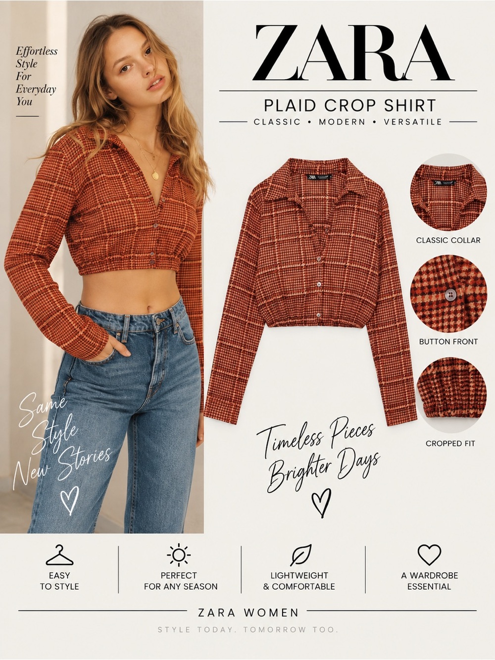 Zara Orange Red Plaid Cropped Button Front Shirt NWT S